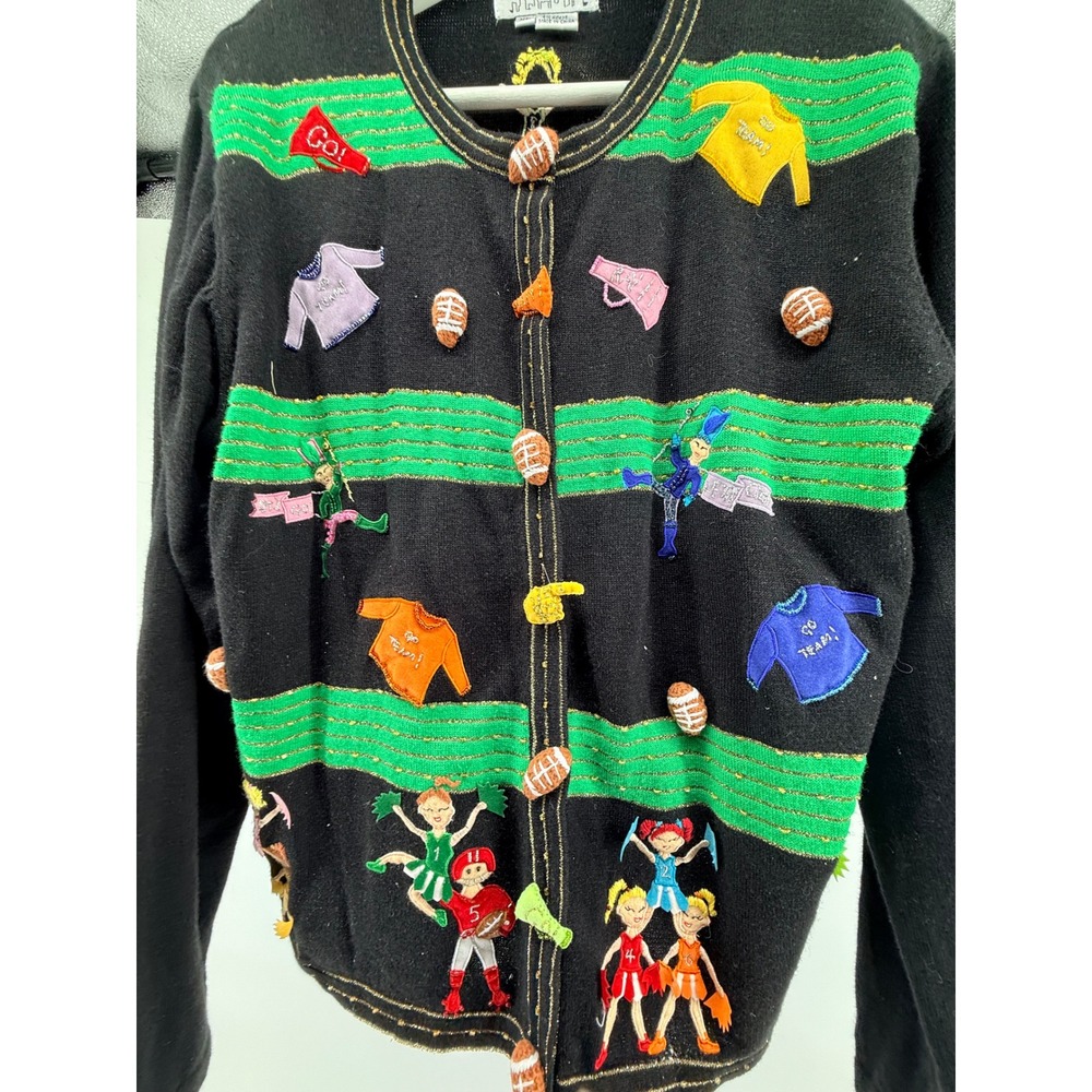 Jack B Quick Vintage Football Cheerleader Cardigan Sweater Black Green XL - Picture 6 of 7